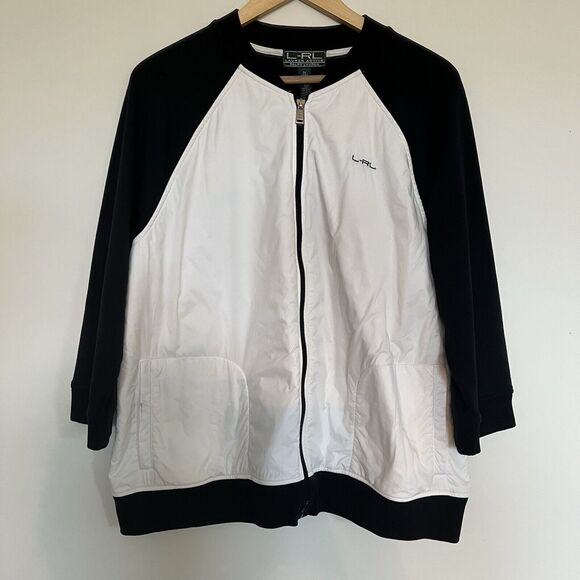 LAUREN RALPH LAUREN L-RL Black White Colorblock Cotton Blend Logo Track Jacket - Picture 2 of 12